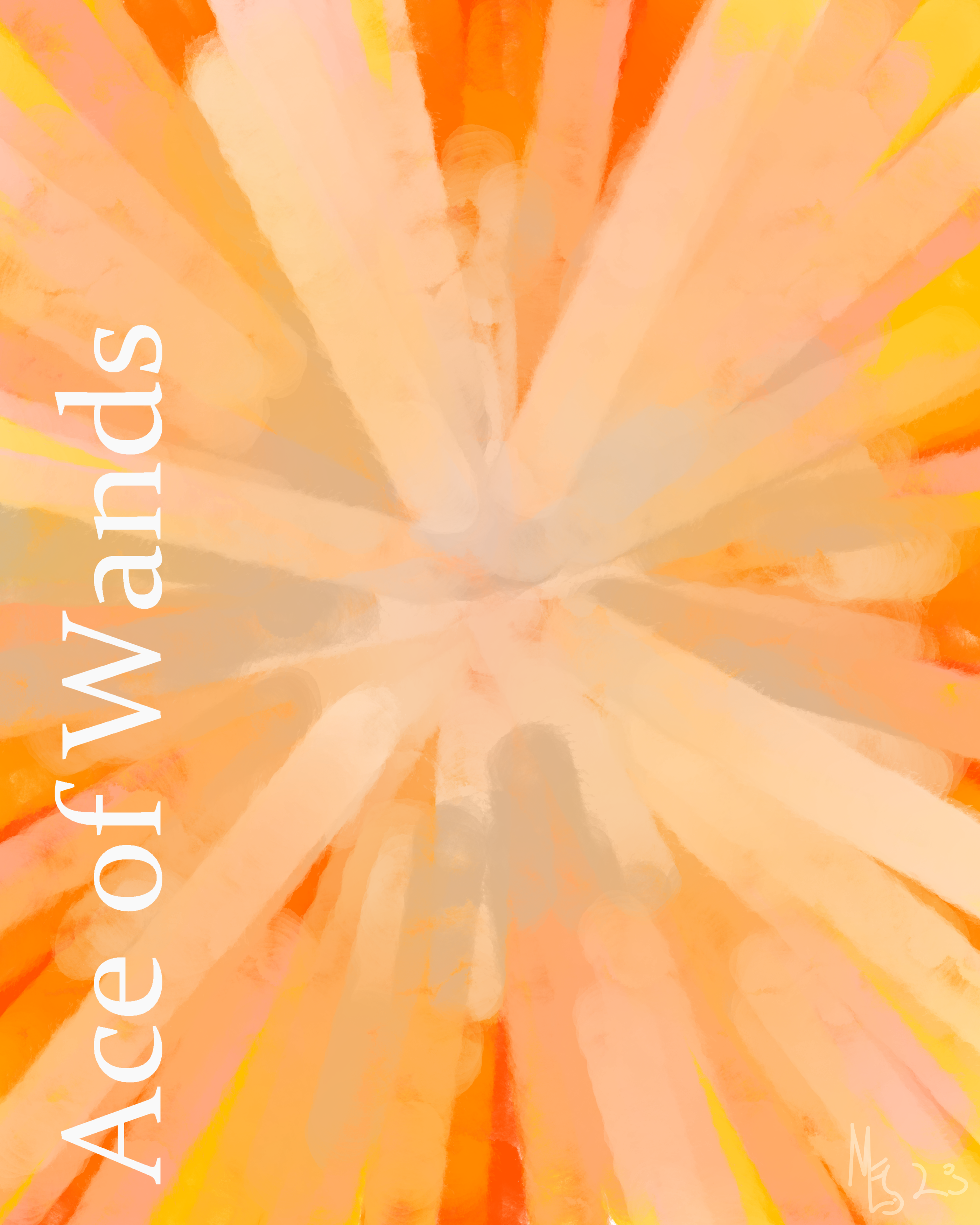 A bright explosion of orange and yellow with white text aligned against the left margin, "Ace of Wands."