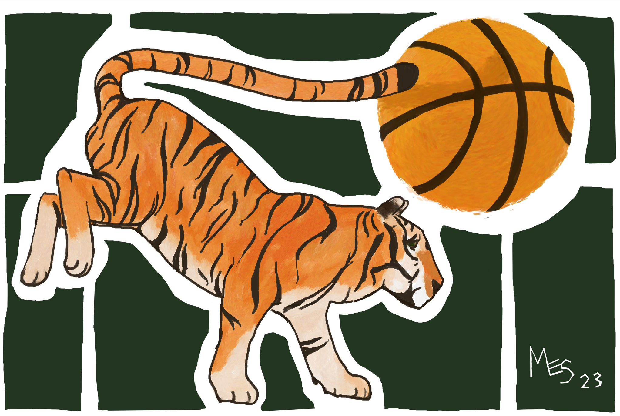 An illustration of a tiger and a basketball.